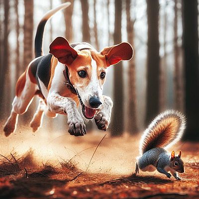 Hund jagd Eichhörnchen